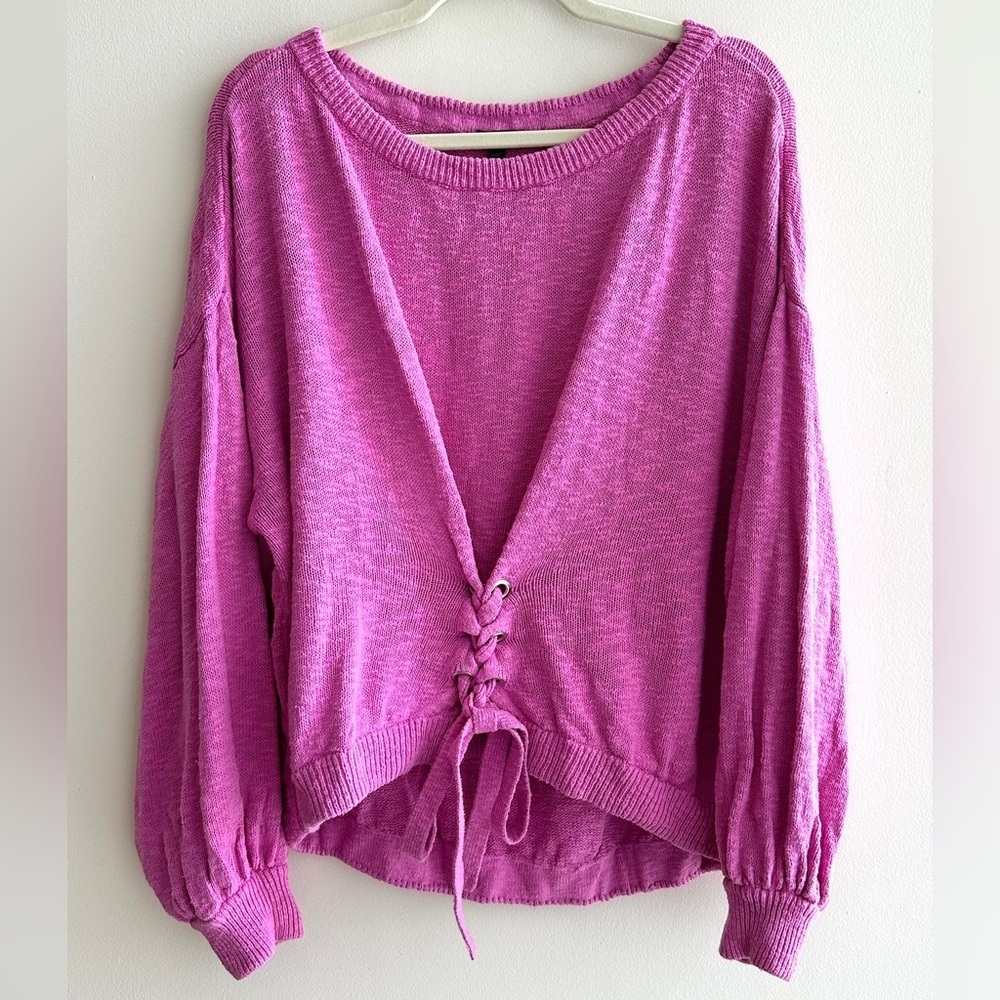 Express Women’s Fuchsia Balloon Sleeve Corset Ribbon Sweater, Size Large